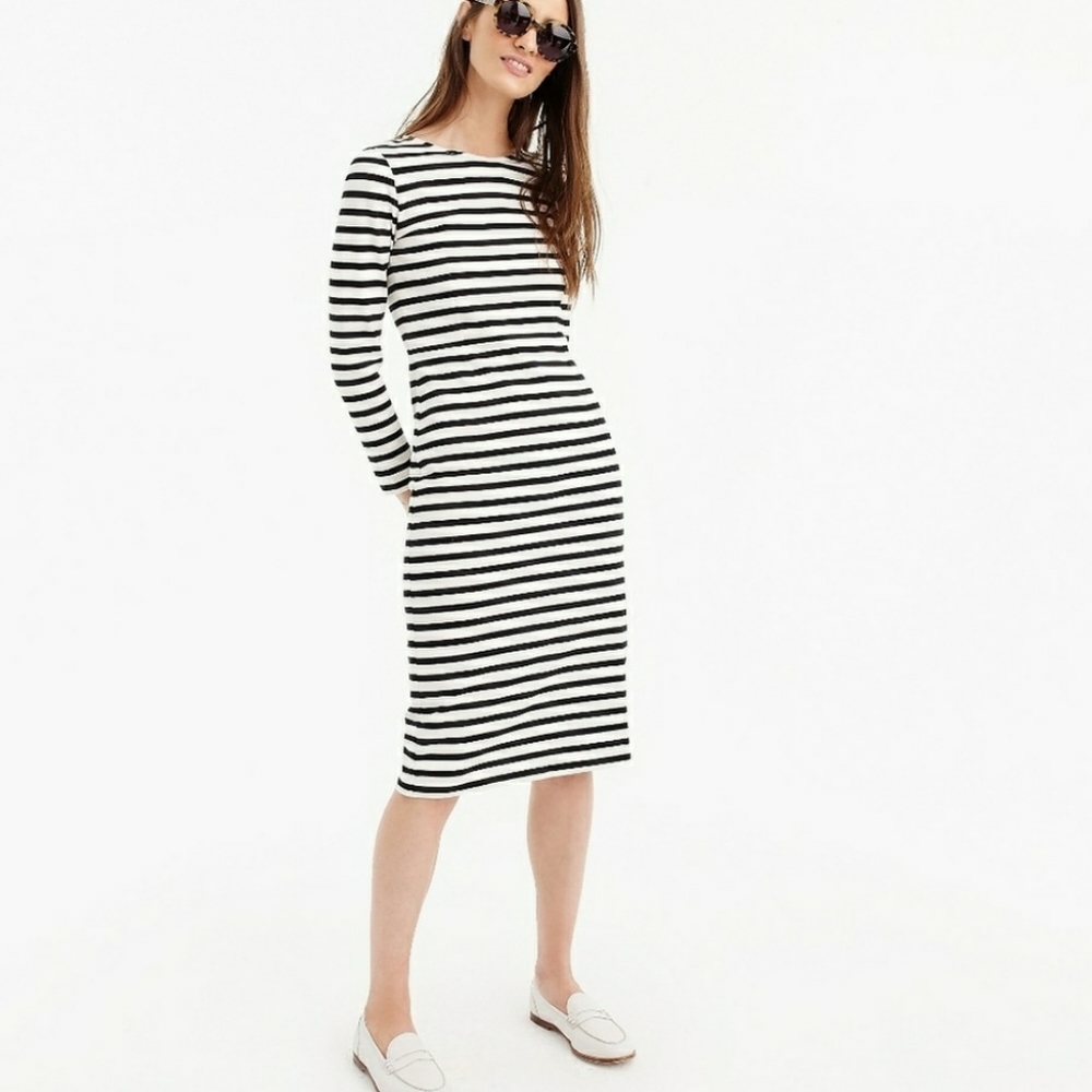 J.Crew black ivory stripe  long sleeve midi dress